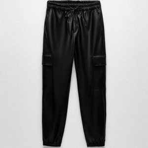 NWT Black Faux Leather Cargo Pants w/ Patch Pockets, M